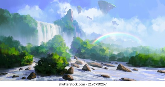 Fantasy Scene With Waterfall, 3D Illustration.