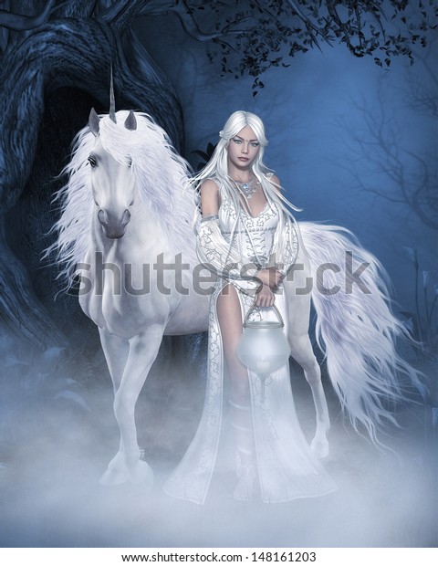 白い一角獣と白いドレスを着た美しい妖精と 白い髪を手に夕暮れの森にランプを持つファンタジーシーン のイラスト素材