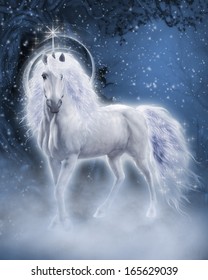 Fantasy Scene With A White Unicorn In The Evening Forest