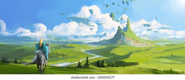 Fantasy Scene With Wizard On Horseback, 3D Illustration.