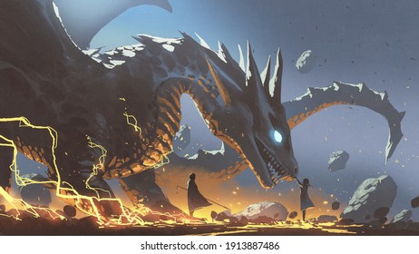fantasy scene of a woman reaching for the dragon with a nearby lord, digital art style, illustration painting