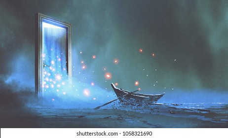 fantasy scenery of the abandoned boat on the shore near the mystery door, digital art style, illustration painting