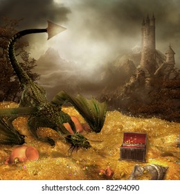 Fantasy scenery with dragon's treasure and a castle