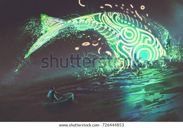 波に光る緑のクジラが飛び跳ねるのを見る 船上の人間の幻想的な風景 デジタルアートスタイル イラトス絵 のイラスト素材