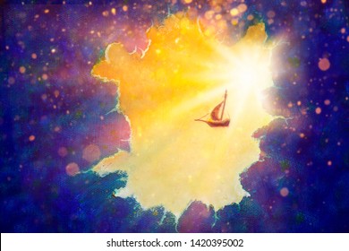 fantasy scenery, Peter Pan's flying ship flies through space through portal of time, style acrylic art, illustration, oil painting