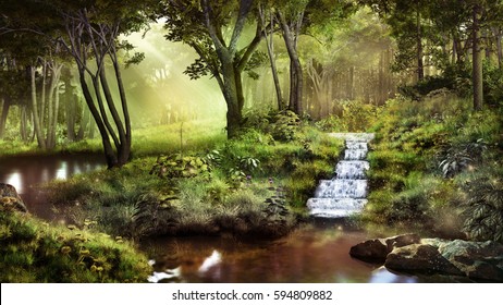Fantasy scenery with pond, waterfall and  forest. 3D illustration
