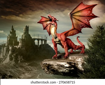 Fantasy Scenery With Red Dragon And Castle Ruins