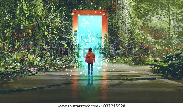 美しい森の中で輝く青い光で魔法の門の前に立つ少年を描いた幻想的な風景 デジタルアートスタイル イラトスペインティング のイラスト素材