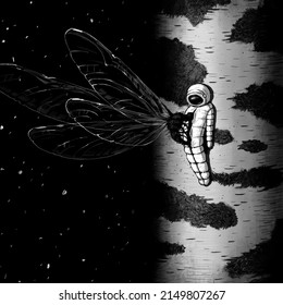 Fantasy sci-fi surreal cosmos fiction square black and white artwork with dead astronaut somwhere in a deep space and moment of xenomorph birth picture drawing 