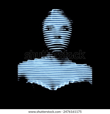 Fantasy, sci-fi and technology concept. A creative display of light stripes forming a symmetrical woman portrait illusion in blue neon color light on a black background. Noise and grain effect applied