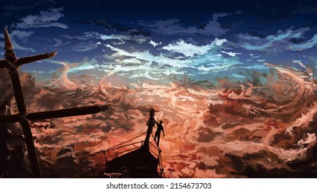 Fantasy Ship Sailing On Rough Water Digital Art 3D Illustration Landscape Wallpaper