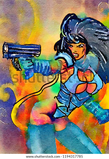 Fantasy Shooting Scifi Girl Illustration Stock Illustration 1194317785