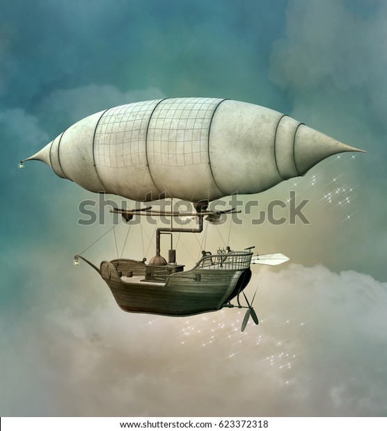 空を飛ぶファンタジー蒸気パンク飛行船 3dイラスト のイラスト素材 Shutterstock