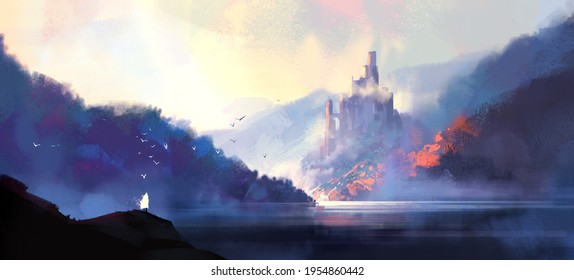 Fantasy style medieval castle, digital illustration,3D illustration.