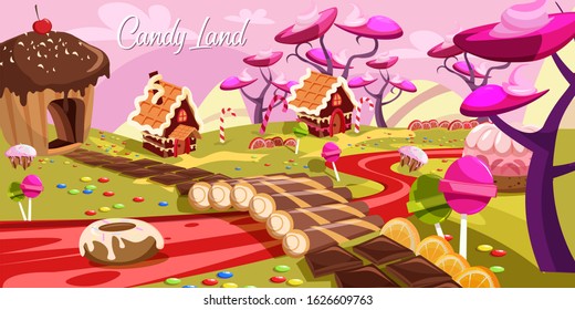 Fantasy Sweet World Flat Illustration. Cake Houses, Delicious Juice River, Cookies And Chocolate Road Dream Land. Raster Copy