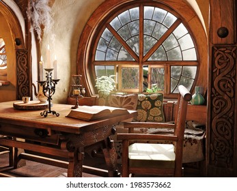 Fantasy tiny storybook style home interior cottage with rustic accents and a large round cozy window. 3d rendering
