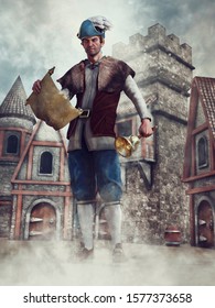 Fantasy Town Crier With A Scroll And Bell Standing In The Center Of A Medieval Village. 3D Illustration.