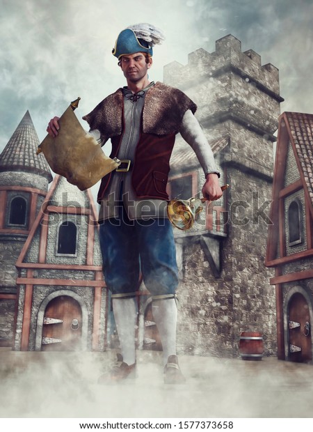 Fantasy town crier\
with a scroll and bell standing in the center of a medieval\
village. 3D\
illustration.