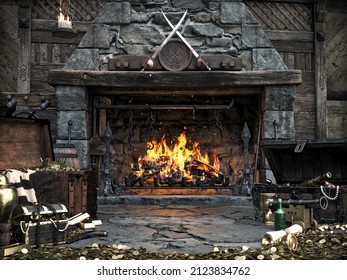 Fantasy Treasure Room Interior With Stone Fireplace Background Loaded With Valuables. 3d Rendering 