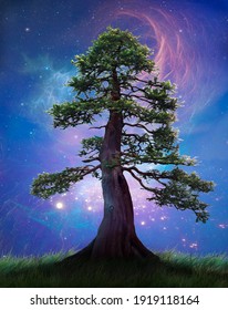 Fantasy tree at night with a beautiful starry sky and nebulas. 3D. Photomanipulation. Illustation