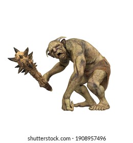 Fantasy Troll Leaning On One Hand And Holding A Spiked Club Weapon. 3d Render Isolated On White Background.