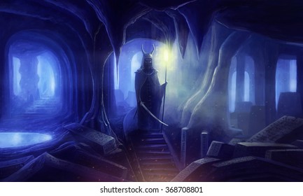 Fantasy warrior with sword in dark cave