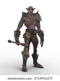 Fantasy warrior troll creature standing in battle armour holding a large two headed axe. Isolated 3D render.