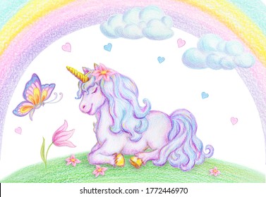 Fantasy watercolor pencil drawing mythical sleeping Unicorn green grass against clouds   rainbow background   flying butterfly
