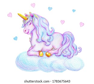 Fantasy watercolor pencil drawing mythical sleeping Unicorn cloud against small pink   blue hearts background