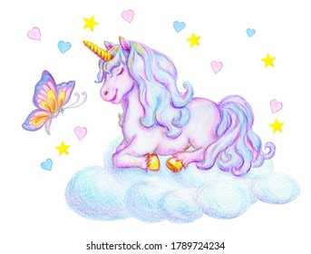 Fantasy watercolor pencil drawing mythical sleeping Unicorn and butterfly cloud against small pink   blue hearts   stars background