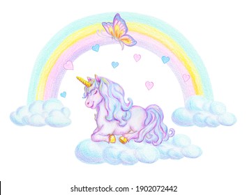 Fantasy watercolor pencil drawing mythical sleeping Unicorn cloud against rainbow background   flying fabulous butterfly