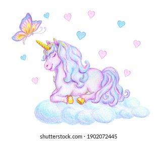Fantasy watercolor pencil drawing mythical sleeping Unicorn and flying magic butterfly cloud against small pink   blue hearts