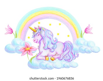 Fantasy watercolor pencil drawing mythical sleeping Unicorn cloud against rainbow background    fabulous flowers