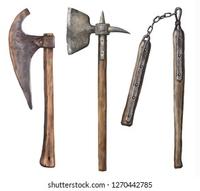 Fantasy Weapons Flail Axes Isolated Illustrarion Stock Illustration ...