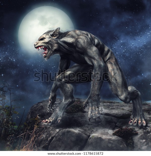 Fantasy werewolf standing on a rocky cliff\
on a full moon night. 3D\
illustration.
