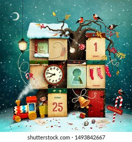 Fantasy winter holiday greeting calendar, conceptual art, for greeting card or poster or advent calendar with Christmas or New Year element.  - Powered by Shutterstock