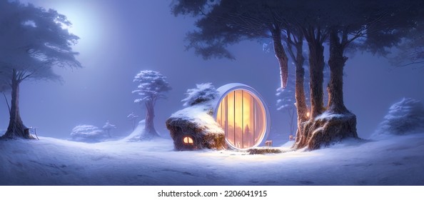 Fantasy Winter Tree House In The Snow, Cold, Abstract Fantasy Landscape, Trees, Snowdrifts, Snow, Capsule House. 3D Illustration