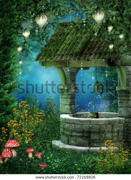Fantasy wishing well\
with fairy\
lanterns