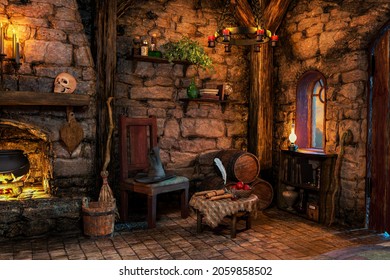 Fantasy Witch Cottage Interior, 3D illustration, 3D rendering