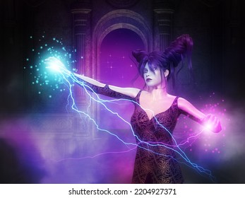 Fantasy Wizard Woman In The Ancient Temple, 3D Illustration.