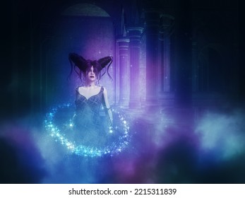 Fantasy Wizard Woman Conjuring In The Ancient Temple, 3D Illustration.