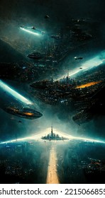 Fantasy World Human Or Alien Civilization With Space Ships And Futuristic Neo City