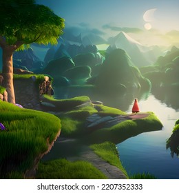 Fantasy World Landscape With River  3D Illustration