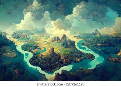 Fantasy World Map, Mauntain Landscape With A River