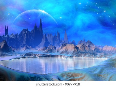 Fantasy World With Mountains And Water, Perfect For Different Projects