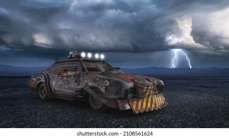 Fantasy Zombie Apocalypse Concept Armoured Car In A Barren Desert Landscape With Storm Clouds And Lightning In The Sky. 3D Rendering.