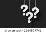 FAQ concept. Three question marks white hanging on black wall background. 3D rendering.
