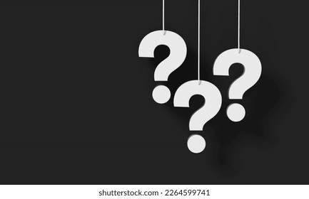 FAQ concept. Three question marks white hanging on black wall background. 3D rendering.