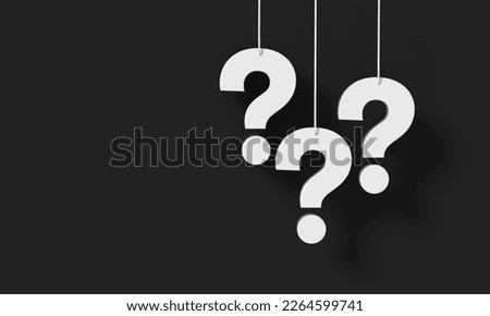 FAQ concept. Three question marks white hanging on black wall background. 3D rendering.