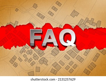 FAQ Frequently Asked Questions About Cadastral Issues, Urban Planning And Construction Industry - Concept With An Imaginary Cadastral Map Of Territory